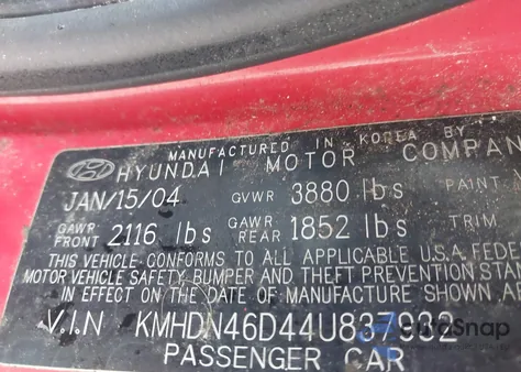 2004 Hyundai Elantra Gls/Gt from USA, damaged, VIN KMHDN46D44U837932